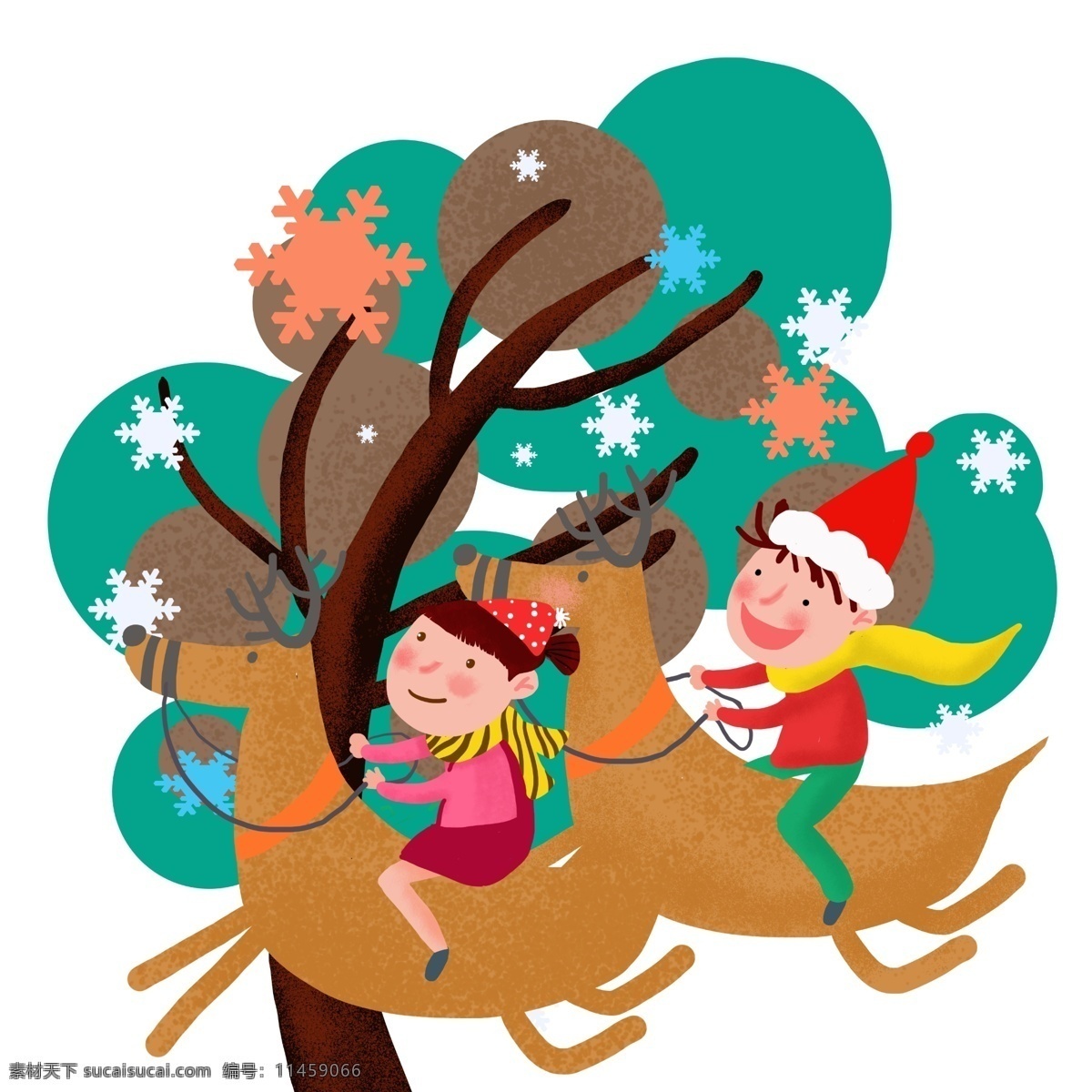 手绘 圣诞节 儿童 小鹿 插画 圣诞节小鹿 梅花鹿 圣诞帽子 圣诞雪花 彩色雪花 手绘小鹿 圣诞人物插画