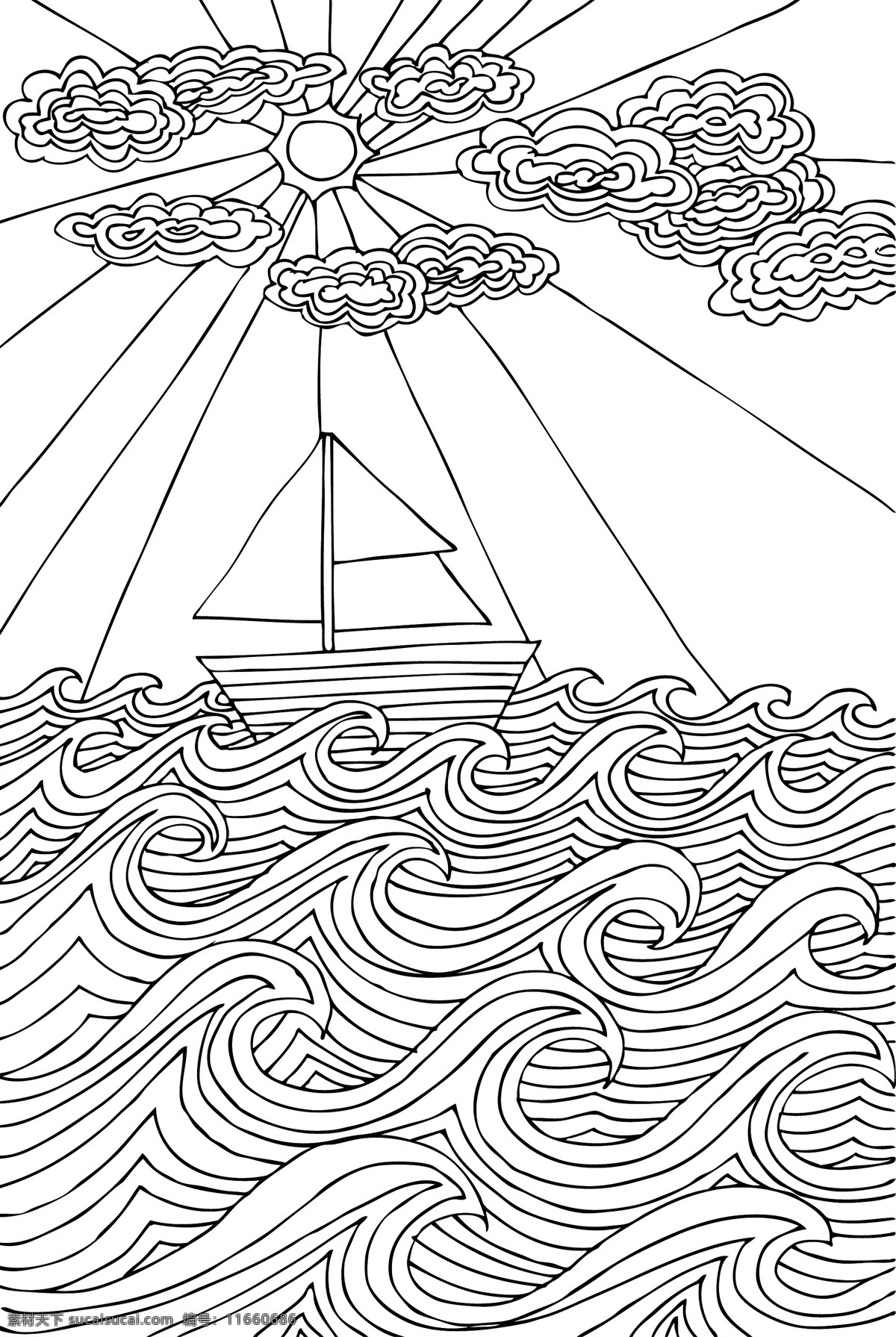 手绘 风格 海 云 矢量图 日常生活
