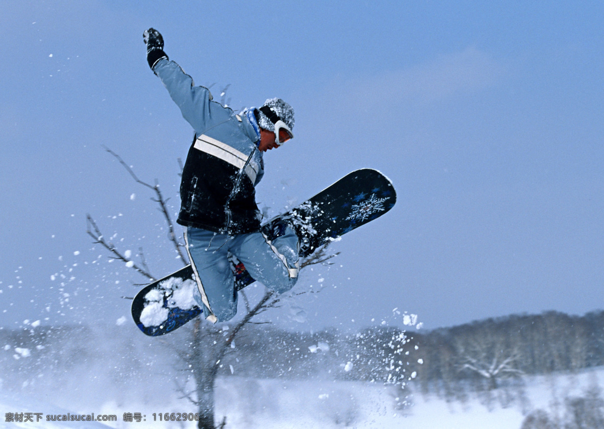 冬日运动 滑雪 滑雪服 滑雪板 滑雪设备 人 雪 蓝天 底图 快乐 飞 腾空 飞人 树 枯树 体育运动 文化艺术