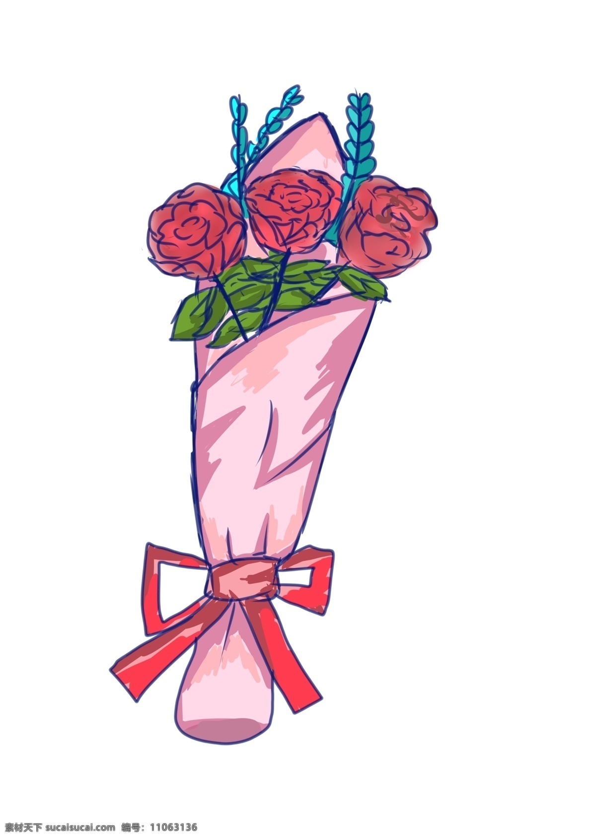 手绘 玫瑰花 植物 插画 一把 红色 红色彩带 玫瑰 鲜花 花 爱情 罕见植物 云南植物 裸粉色花 浪漫 情人节