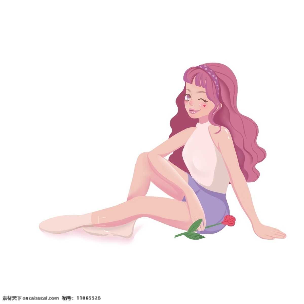 手绘 坐在 地上 长卷 发 女孩 美女 人物 插画 玫瑰花 女人