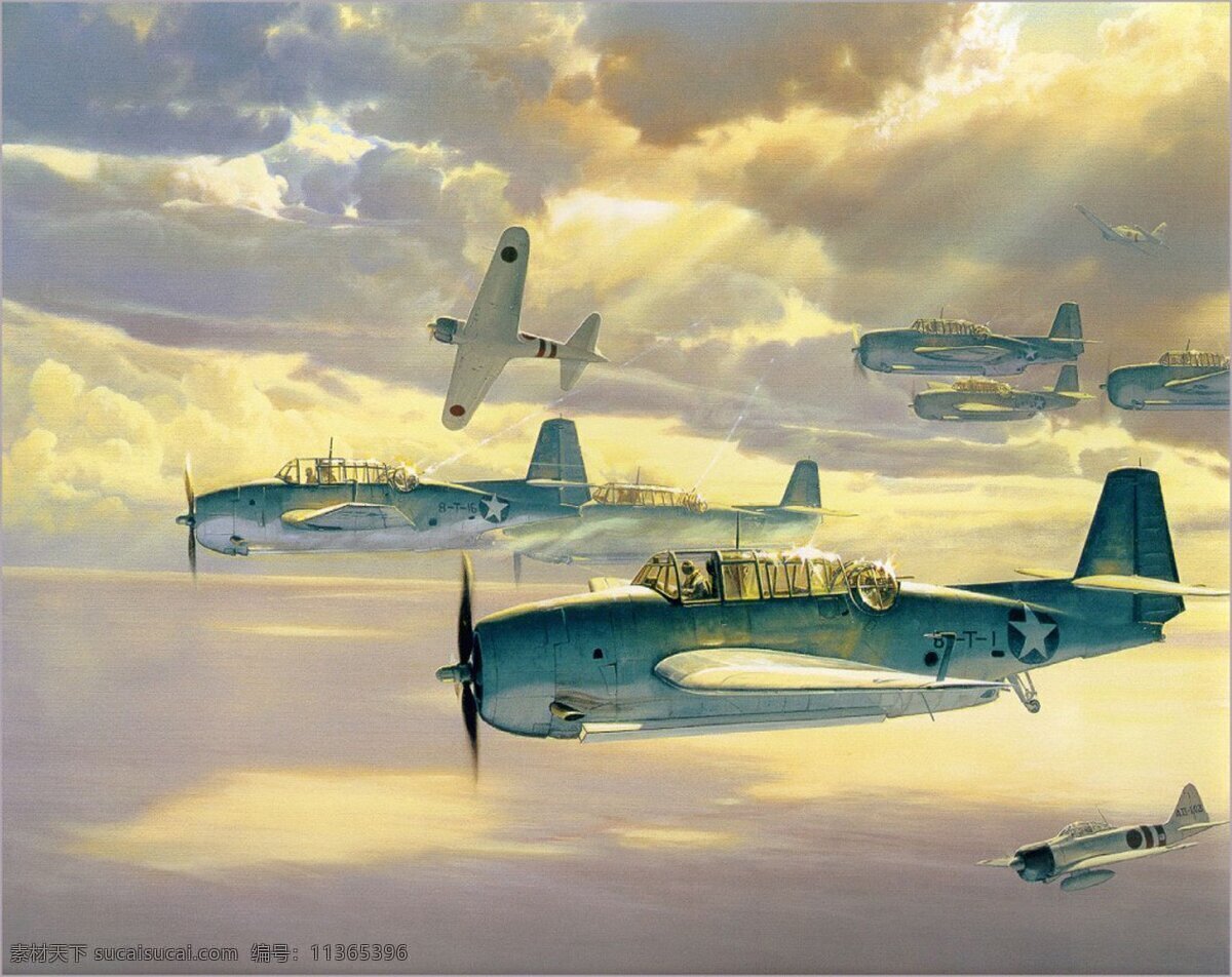 二战油画 二战 美军 天空 飞机 战争 战斗 美国 战斗机 绘画书法 文化艺术