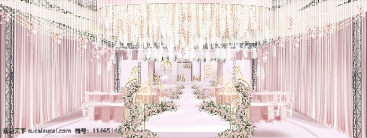 粉色 简约 风 厅 内 效果图 吊顶 路引 花艺 龙门架 厅内 粉色布幔 串灯