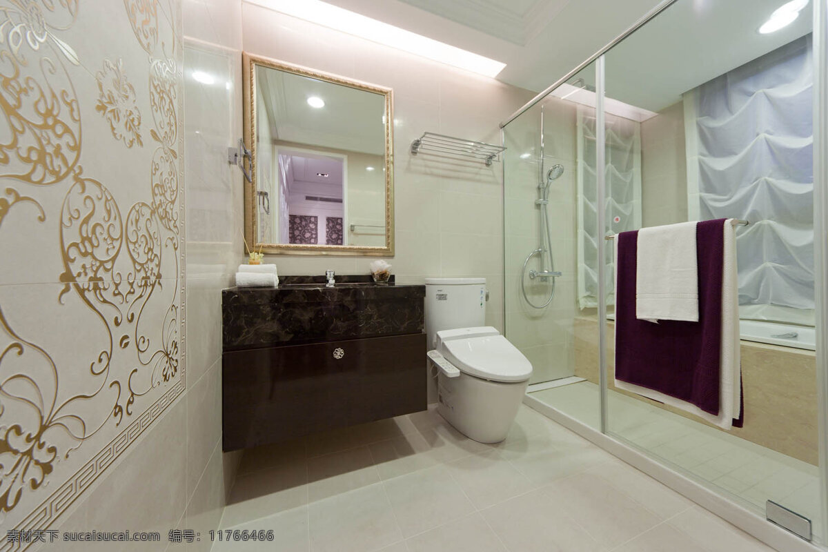 简约 浴室 玻璃 隔断 室内装修 效果图 浴室装修 瓷砖地板 瓷砖背景墙 金色花纹