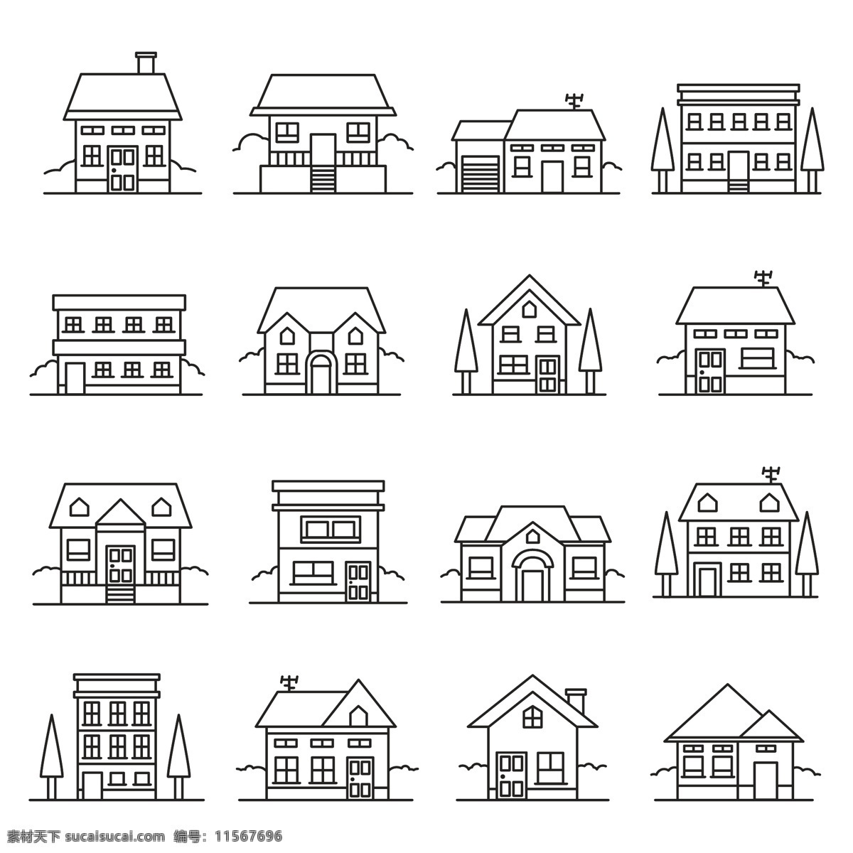 款 创意 细 线条 建筑设计 矢量图 手绘 建筑 房子 别墅 插画 黑白