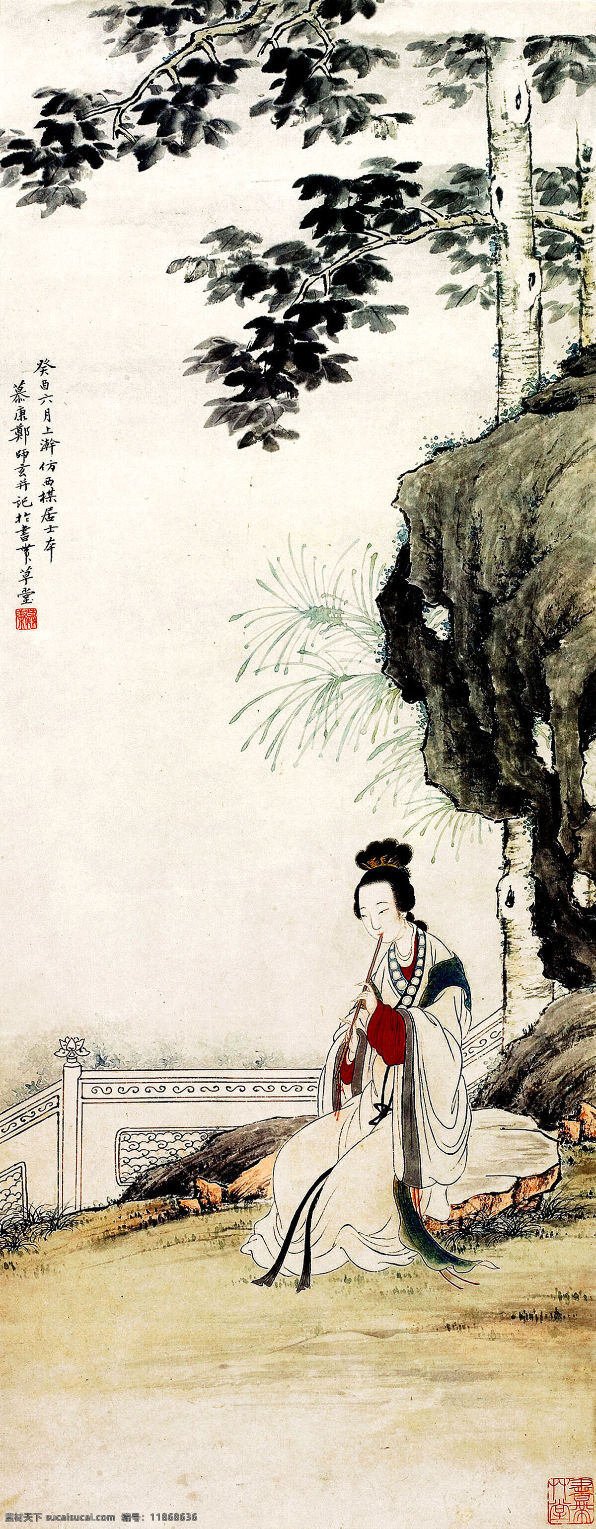 表情 吹箫 动作 服饰 工笔画 古代人物 国画艺术 花园 仕女图 美术 中国画 仕女 女子 佳人 树木 石头 书法 印章 集锦 绘画书法 文化艺术 家居装饰素材 雕刻 图案