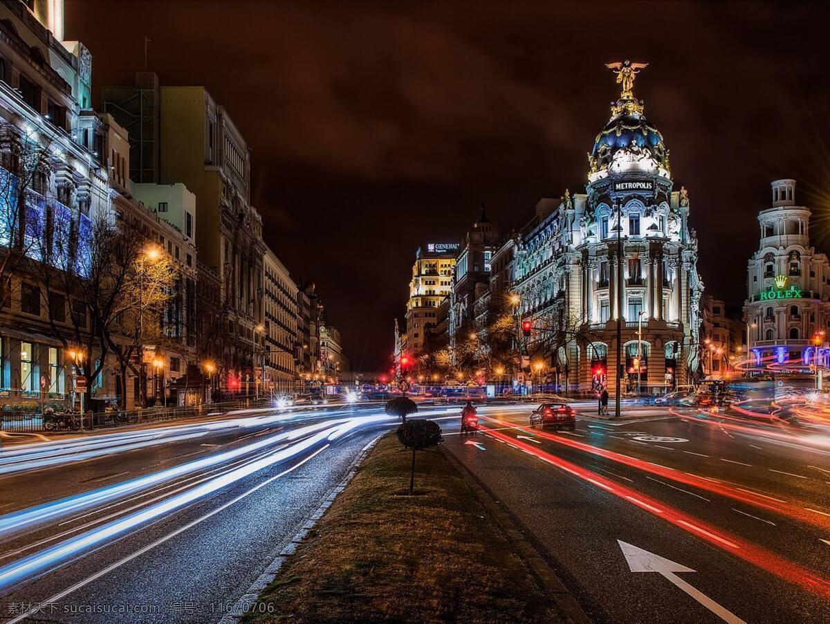马德里 夜晚 街景 道路 车流 路灯 信号灯 耀眼灯光 沿街大楼 商店 闹市区 商业街 西班牙 首都 城市景观 旅游风光摄影 旅游摄影 国外旅游