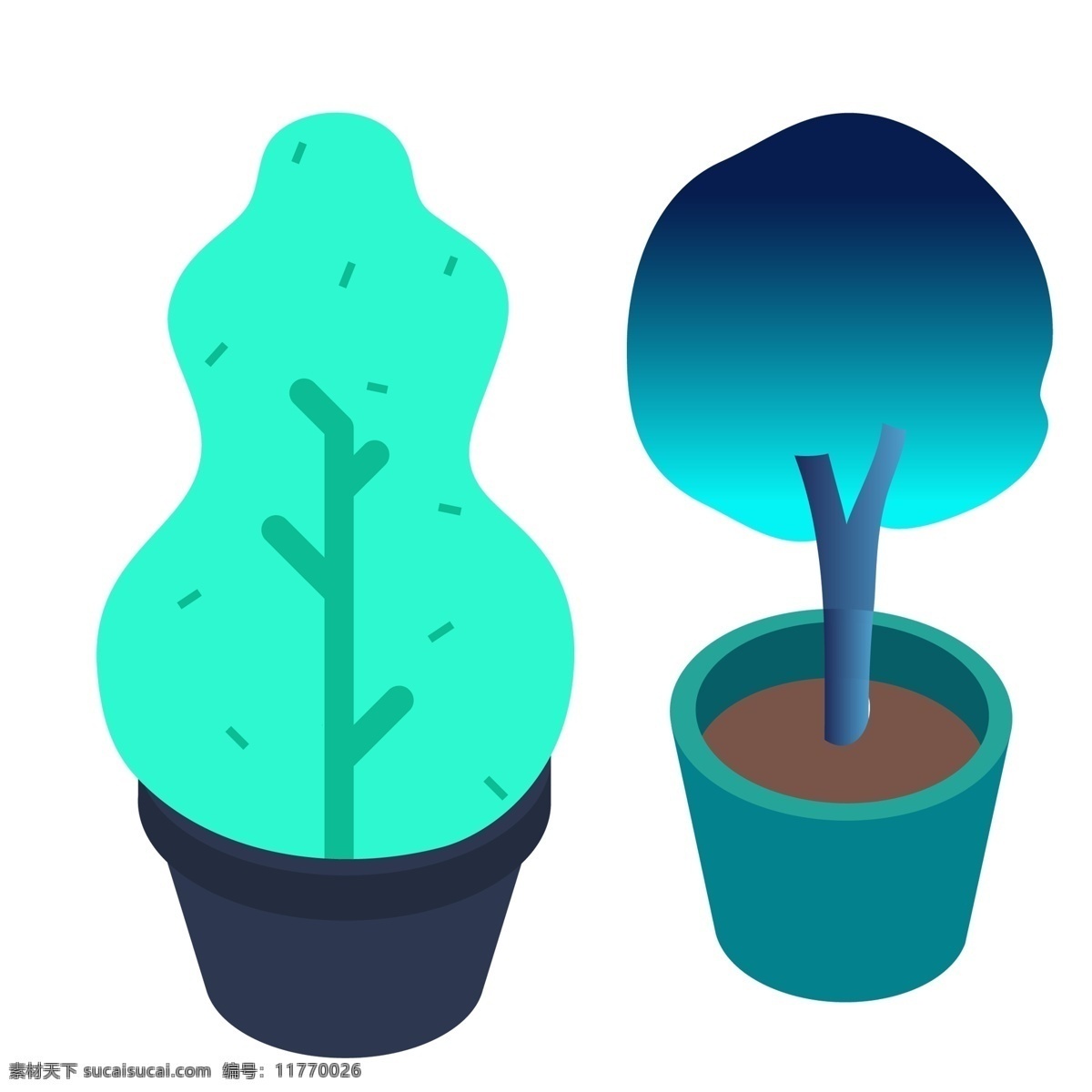 两个 卡通 花盆 装饰 植物 卡通植物 花盆装饰 绿色植物