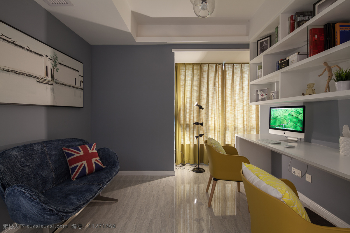 清新 卧室 神 蓝色 背景 墙 室内装修 效果图 白色展示架 瓷砖地板 深蓝色沙发 卧室装修