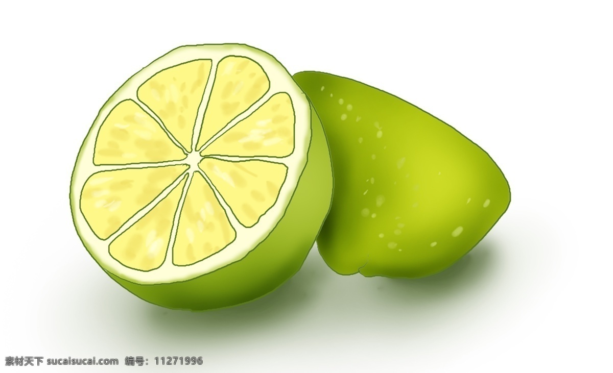 夏季 食物 手绘 柠檬 元素 叶子 绿色 黄色 水果 清爽 酸味 柠檬水 柠檬汁 柠檬树 榨汁 柠檬黄