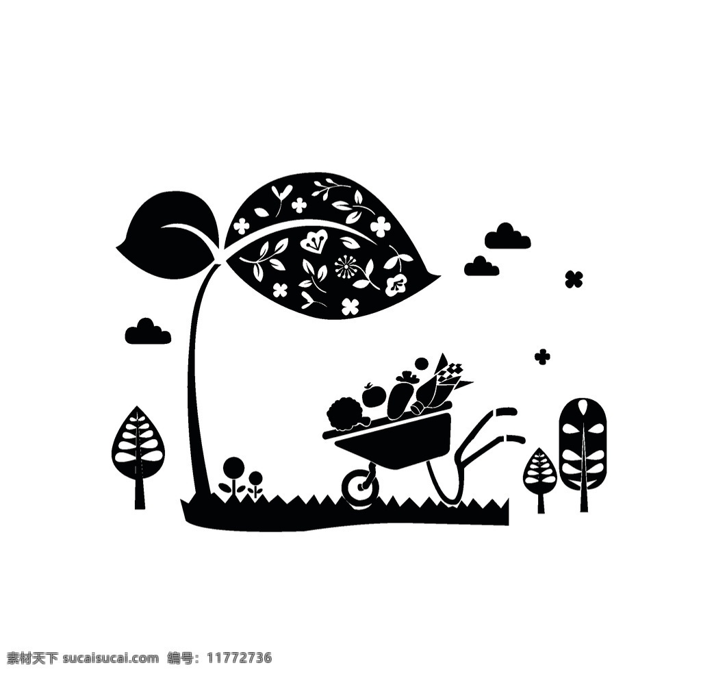 超市素材 植物 小树 云彩 手推车 玉米 萝卜 白菜 树叶 兰亭序 硅藻泥 图案 刻图 植物素材 生物世界 树木树叶