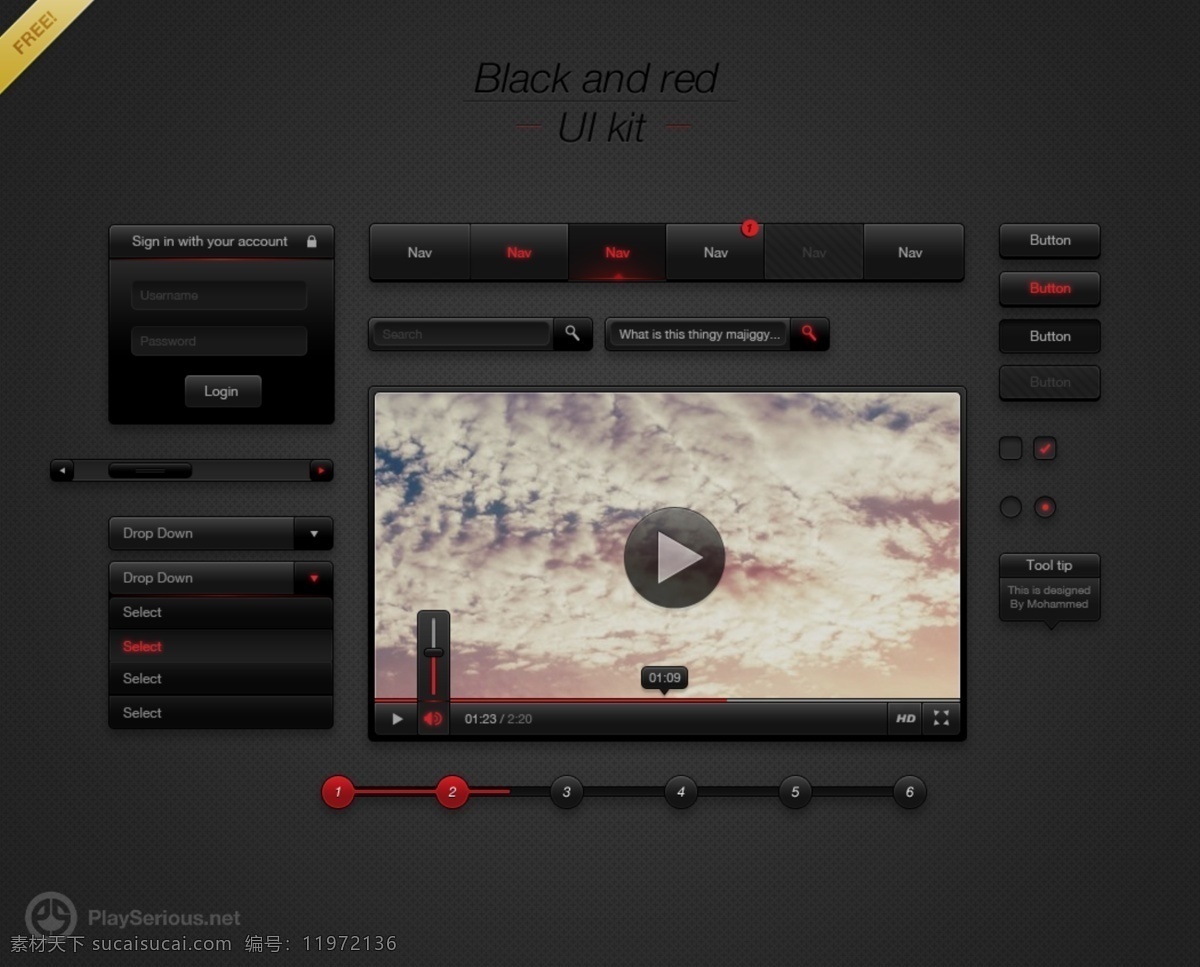 黑色 红色 web 用户界面 工具箱 按钮 菜单 创意 导航 分页 高分辨率 黑暗 接口 免费 滑块 下拉菜单 图像滑块 搜索栏 黑色的红色的 ui 工具包 时尚的 现代的 独特的 原始的 质量 新鲜的 设计新的 清洁 简单的 hd 元素 ui元素 详细的 矢量图