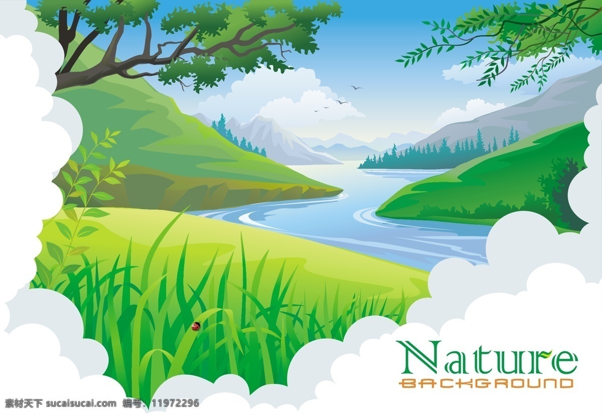 卡通 自然风光 矢量 草 河流 瓢虫 山脉 园林 云 树木的自然 矢量图 花纹花边