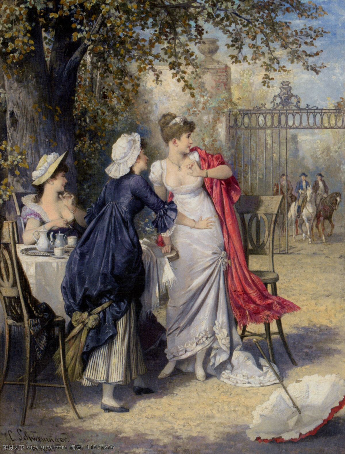 来客人了 庭院 树下 喝茶的女人 骑马的男人 古典 西洋画 世界名画 绘画书法 文化艺术