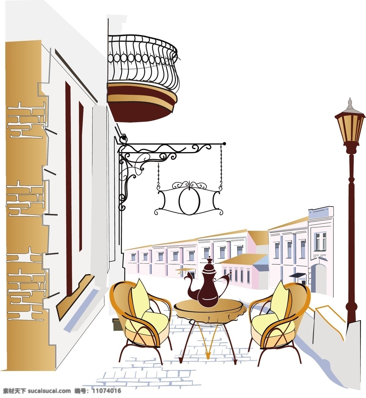 手绘 欧式 咖啡厅 随意 建筑 矢量素材 线稿 阳台 椅子 矢量图 建筑家居