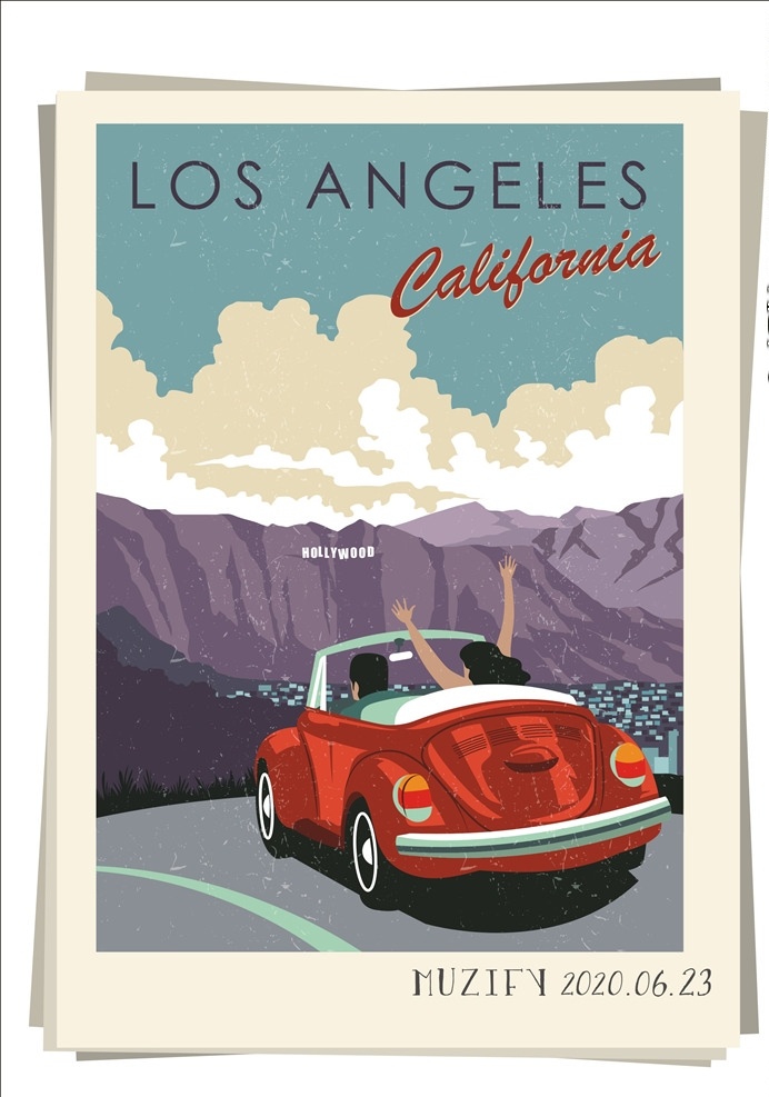 美式 汽车 复古 海报 做旧效果 彩色图稿 画册海报