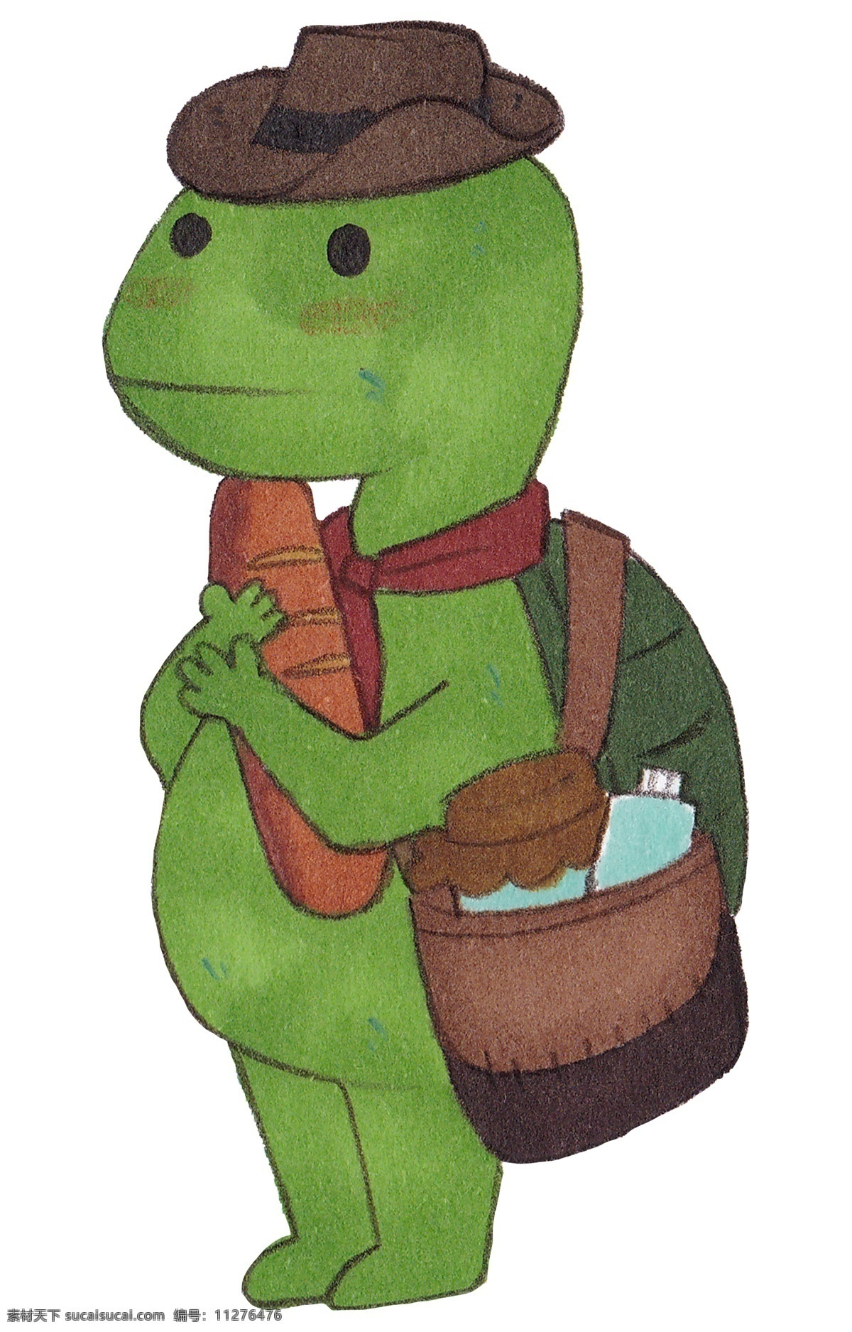 水彩 小 乌龟 背包 插画 绿色的小乌龟 戴帽子 黑色的帽子 手绘小乌龟 小乌龟吃萝卜