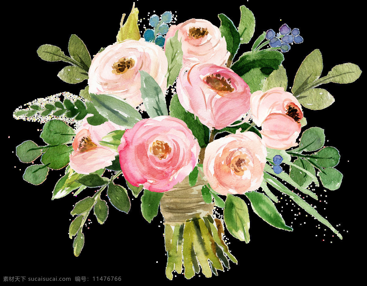 手绘 花束 透明 一束花 叶子 茶花 粉红色 蓝色 透明素材 免扣素材
