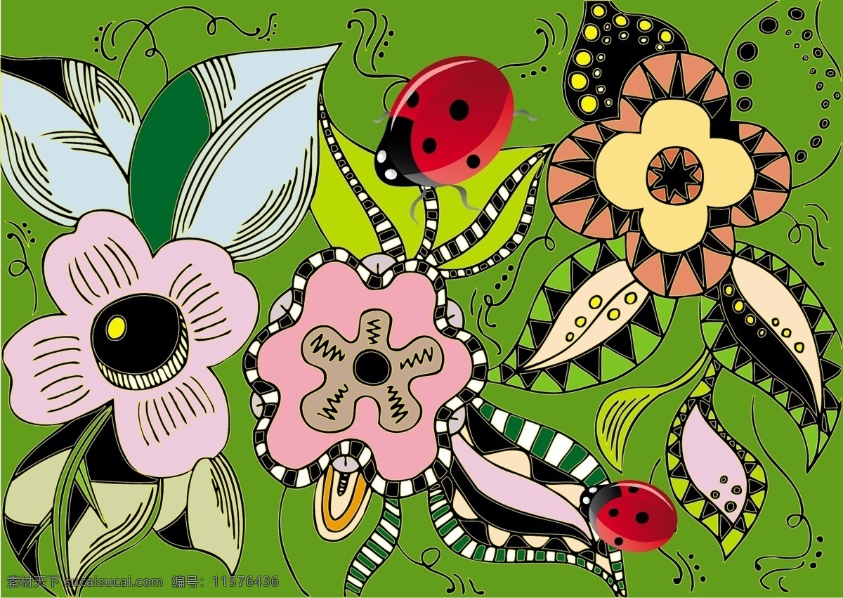 抽象图形背景 ai格式 抽象 花朵 花卉 昆虫 模板 瓢虫 设计稿 矢量素材 图形 叶子 植物 素材元素 源文件 矢量图
