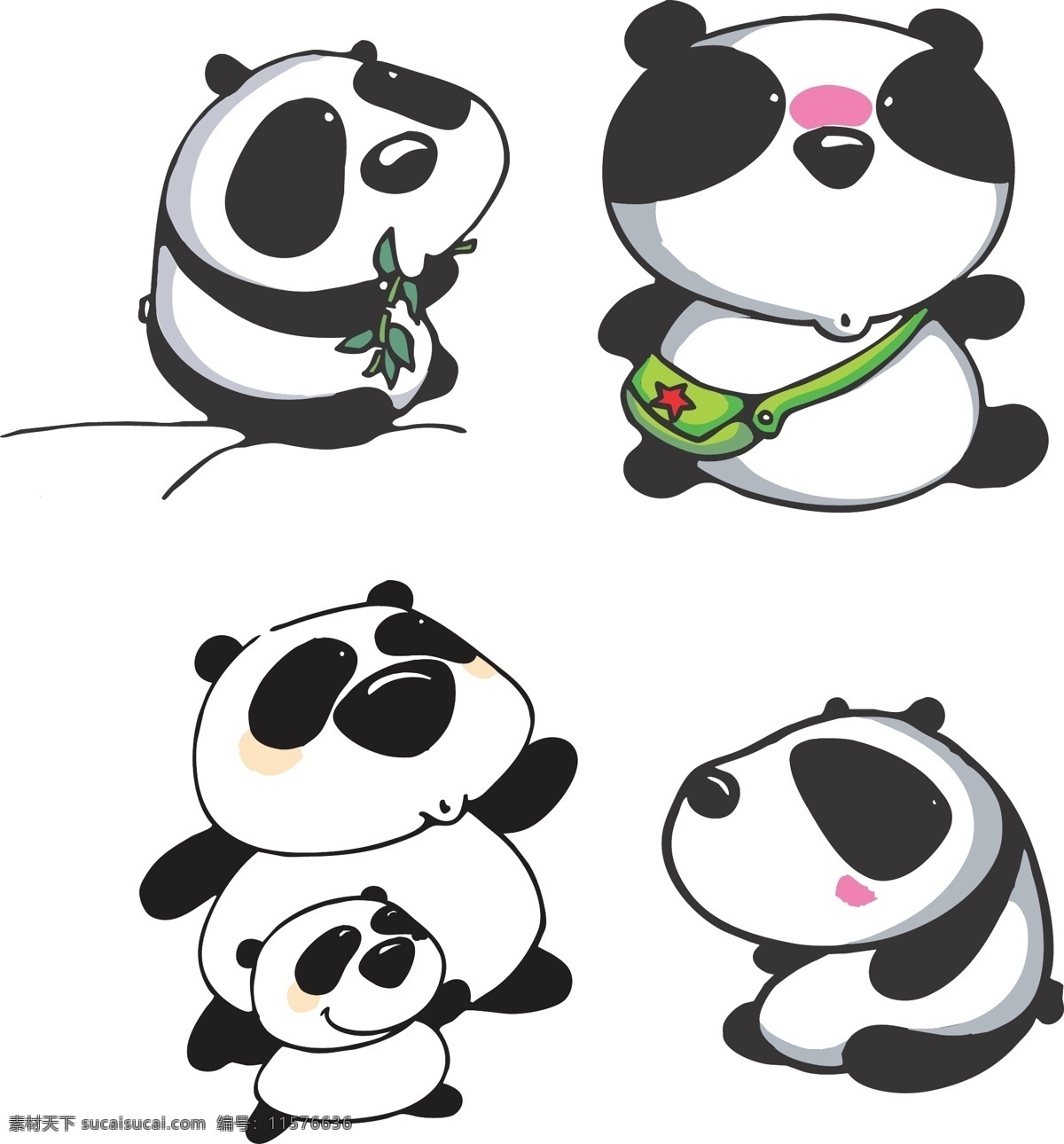 大熊猫 吃竹笋的熊猫 背书包的熊猫 熊猫妈妈 熊猫宝宝 坐着的熊猫 儿童 插画 漫画 卡通 矢量图 卡通设计