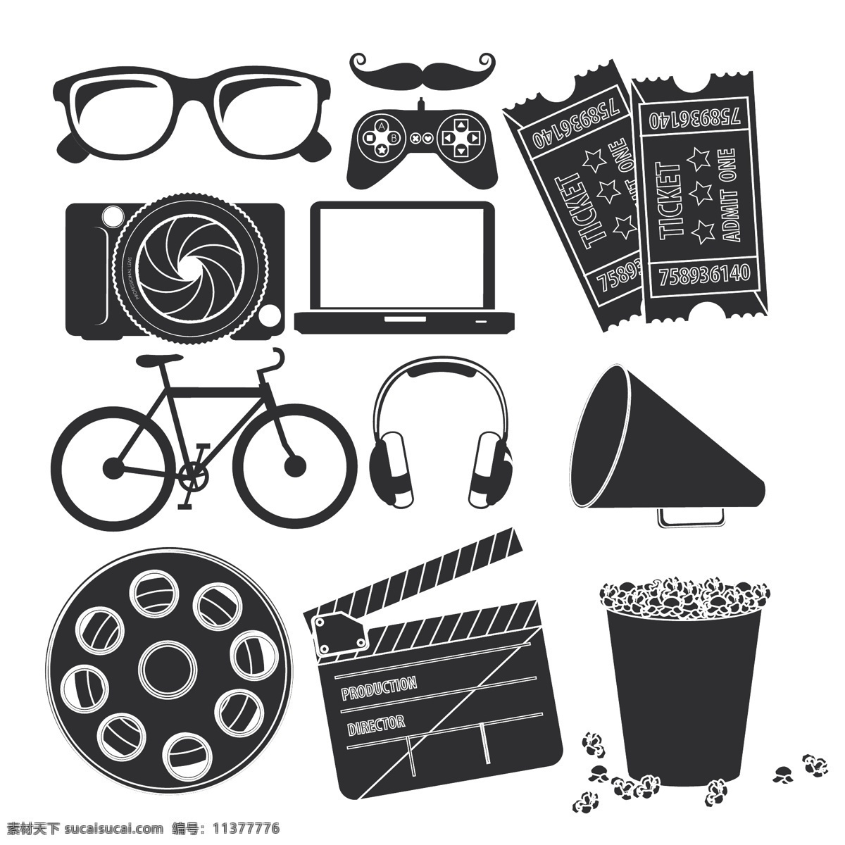 卡通 生活用品 插画 眼镜 胡子 电影票 自行车 耳麦 扬声器 场记板 潮人图案 背景 生活百科 矢量素材 白色