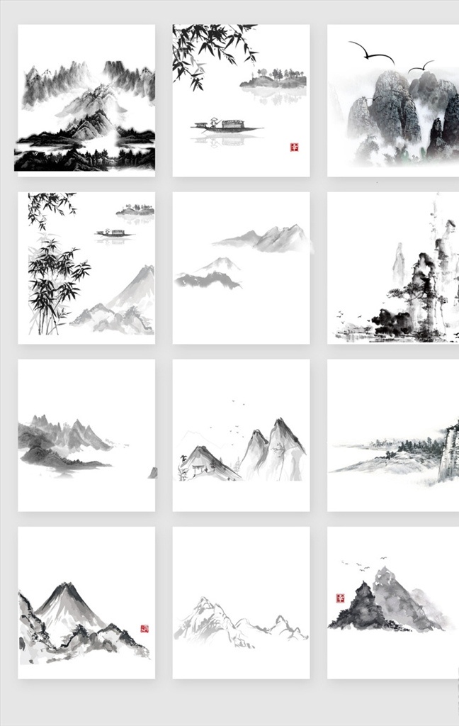 黑 白色 水墨 山水 矢量 白色背景 中国 传统文化 元素