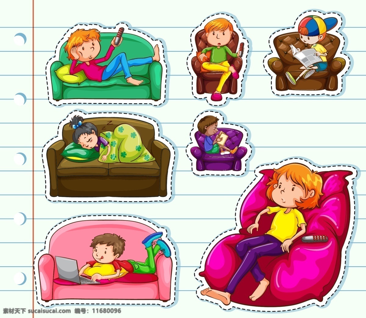卡通 儿童 沙发 上 卡通睡觉儿童 玩电脑 看书 休息 睡姿 做梦 婴儿 幼儿 幼儿园素材 卡通儿童 卡通设计