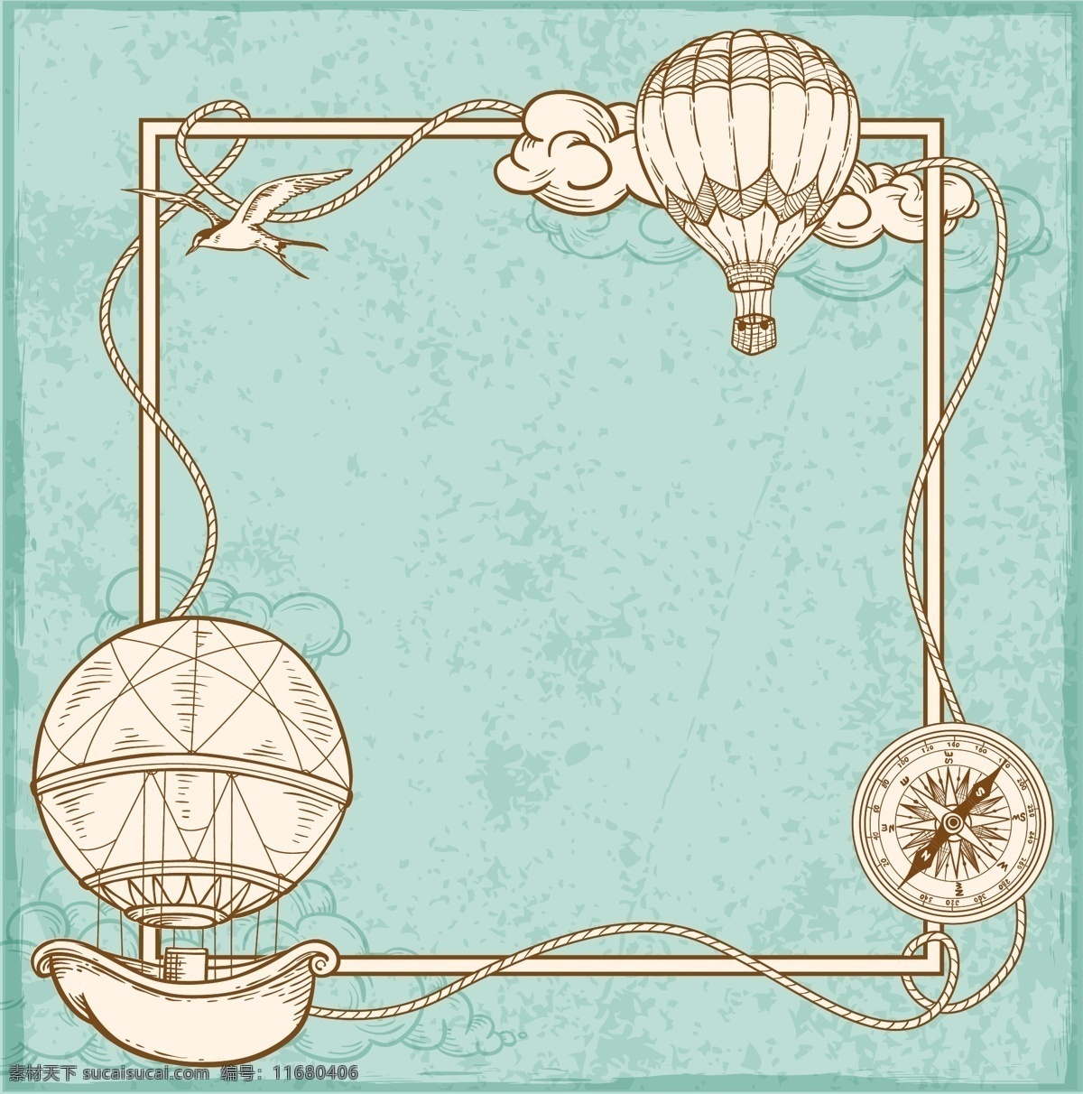 复古 旅行 航行 矢量 热气球 画框 背景