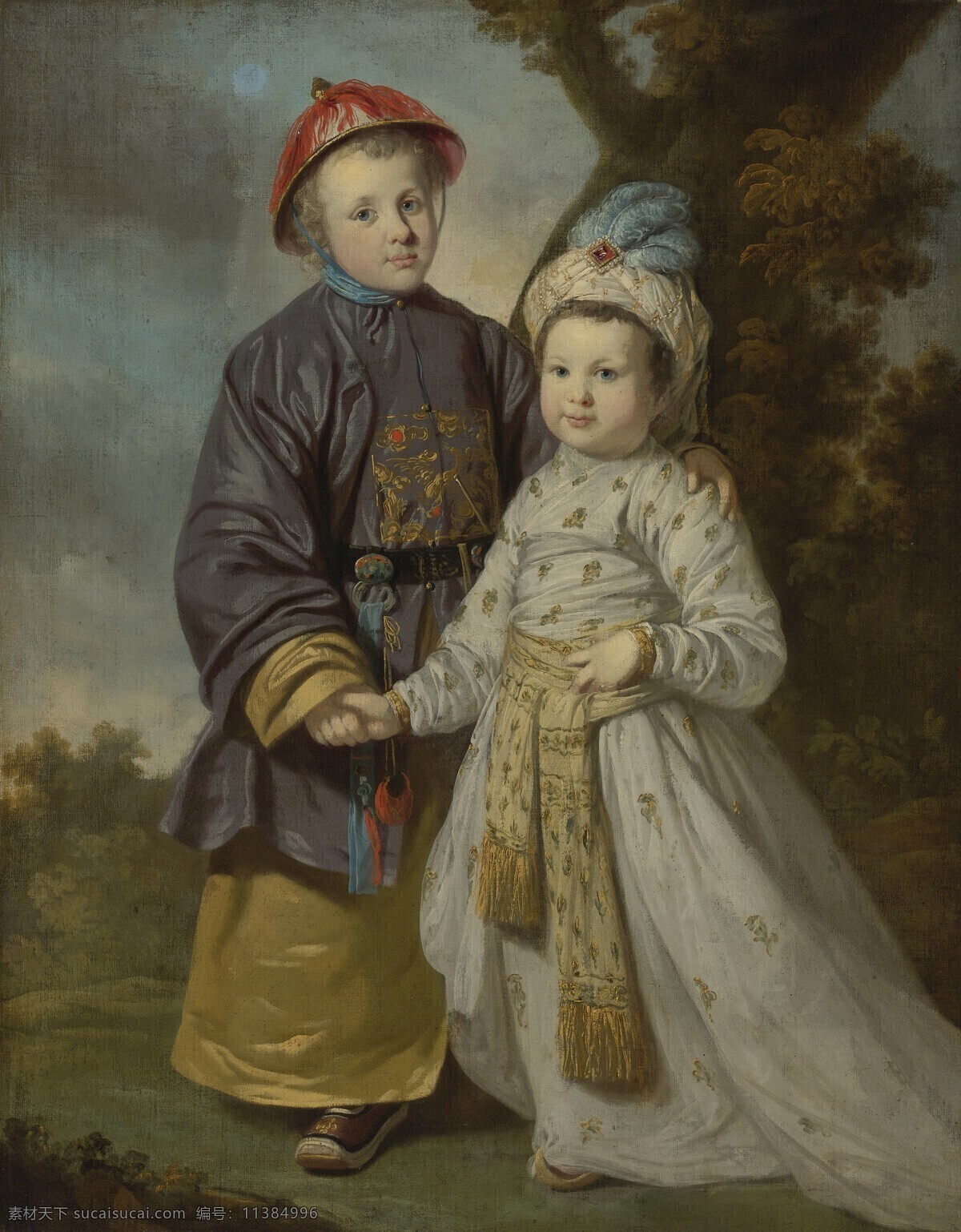 绘画书法 文化艺术 油画 两个 身穿 服饰 孩子 提 利 凯特尔 作品 男孩与女孩 中国 清朝 官员 朝服 阿拉伯人 19世纪油画 家居装饰素材