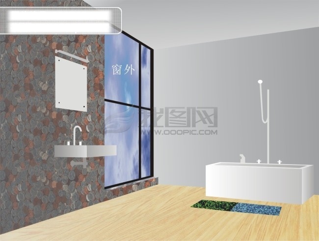 洗手间 窗口 地板 镜子 室内 浴池 浴室 洗手台 装饰素材 室内设计
