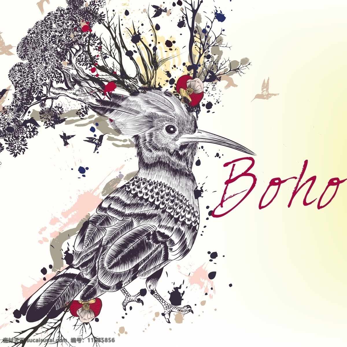 波西 米亚 背景 花卉 抽象的设计 一方面 鸟 动物 手绘 装饰物 羽毛 装饰 印度 绘画 民族 波希米亚 花饰 部落 观赏