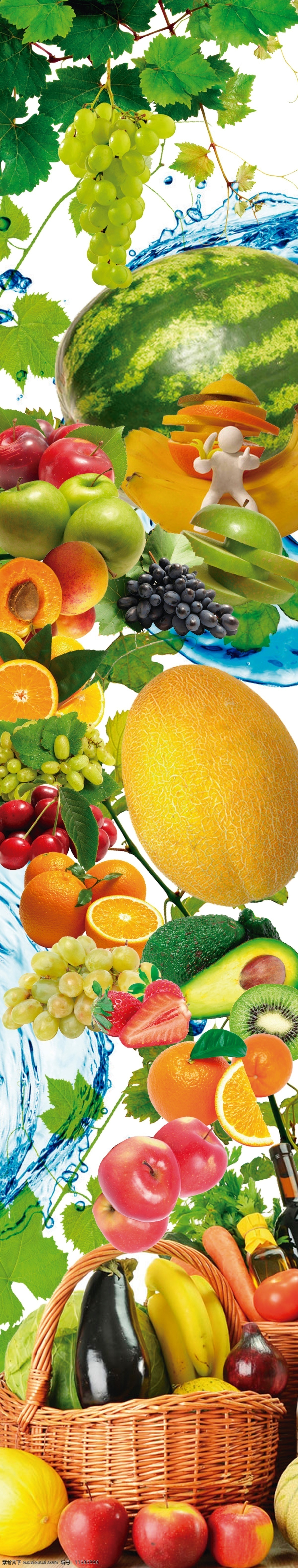 水果包柱 水果 葡萄 香蕉 西瓜 梨 包柱 桃 樱桃 芒果 橙 橘子 果篮 装饰类 分层 背景素材