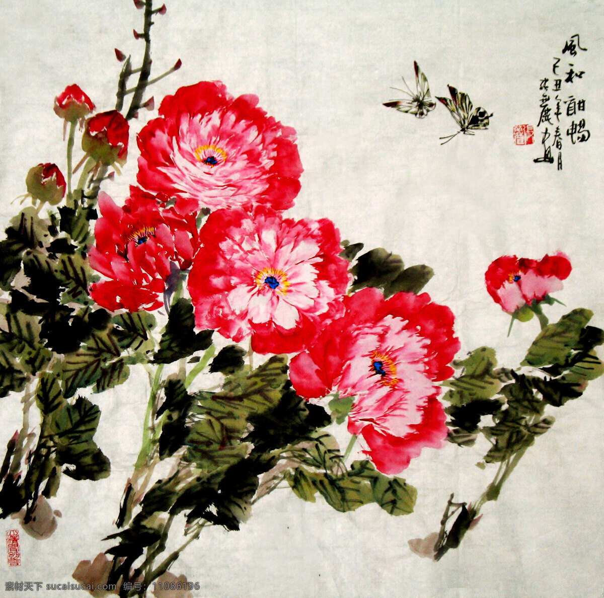 国画 国画牡丹 红牡丹 蝴蝶 花 花卉画 画 绘画书法 牡丹图 中国画 水墨画 牡丹花 书法 印章 文化艺术 装饰素材 雕刻 图案