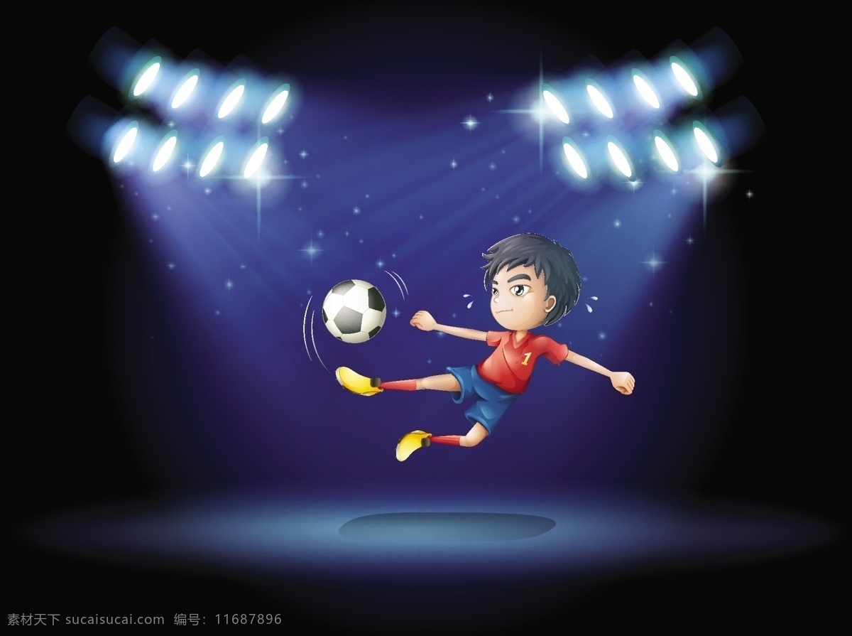 卡通 足球 运动员 踢足球 儿童 聚光灯 小男孩 学生 2014 年 巴西 世界杯 体育 足球比赛 手绘 体育运动 文化艺术 矢量 儿童幼儿 矢量人物