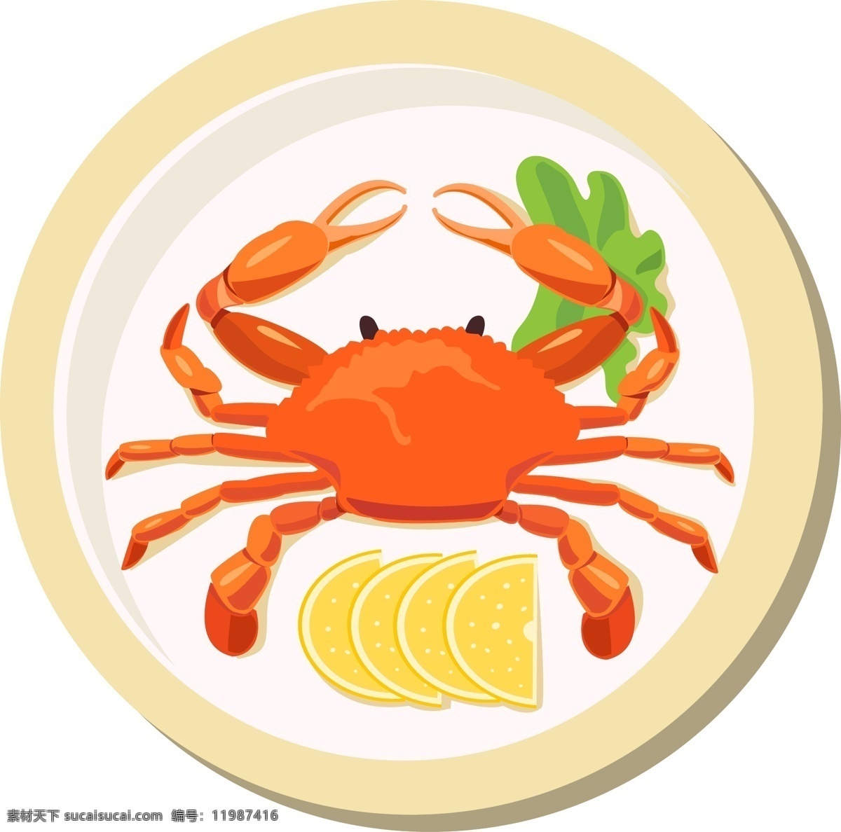 手绘 海鲜 螃蟹 插画 手绘螃蟹 螃蟹插画 盘子 柠檬片 海鲜螃蟹插画 海鲜螃蟹 插图 大螃蟹