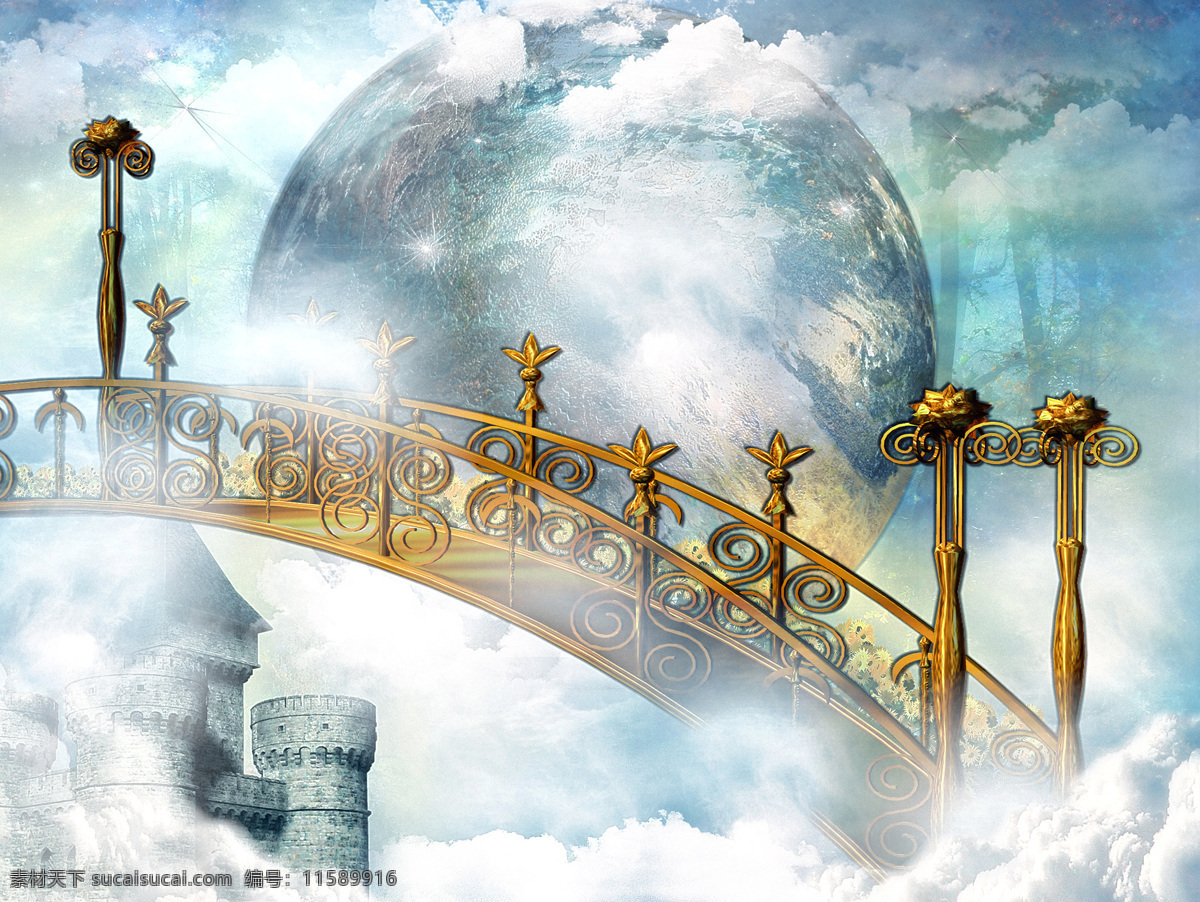 唯美 梦幻 城堡 小桥 风景 天桥 地球 城堡风景 白云 云朵 仙境 梦境 美丽风景 景色 城堡图片 风景图片