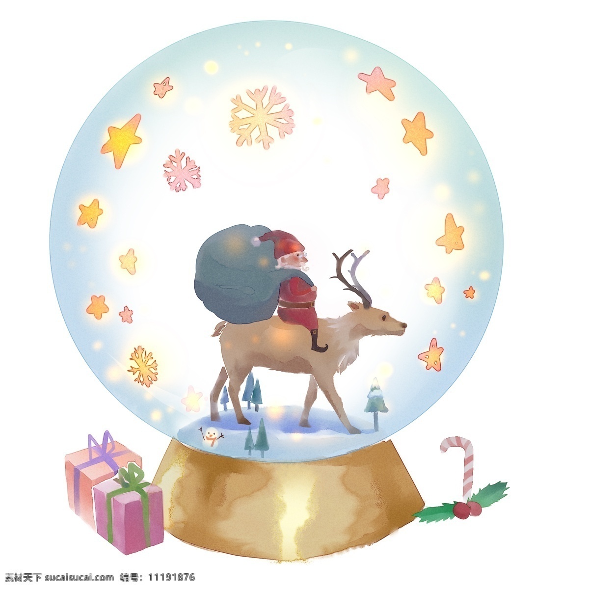 水晶球 里 圣诞节 水彩 卡通 手绘 亮晶晶 麋鹿 圣诞老人 包裹 雪花飘零 圣诞手杖 礼物纷飞 圣诞树 蓝色 咖啡色