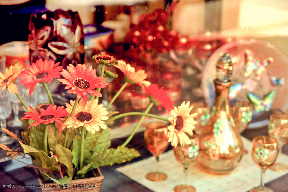 橱窗 弗朗 花 玻璃 茶具 花草 花朵 菊花 生物世界 橱窗弗朗花 家居装饰素材 展示设计