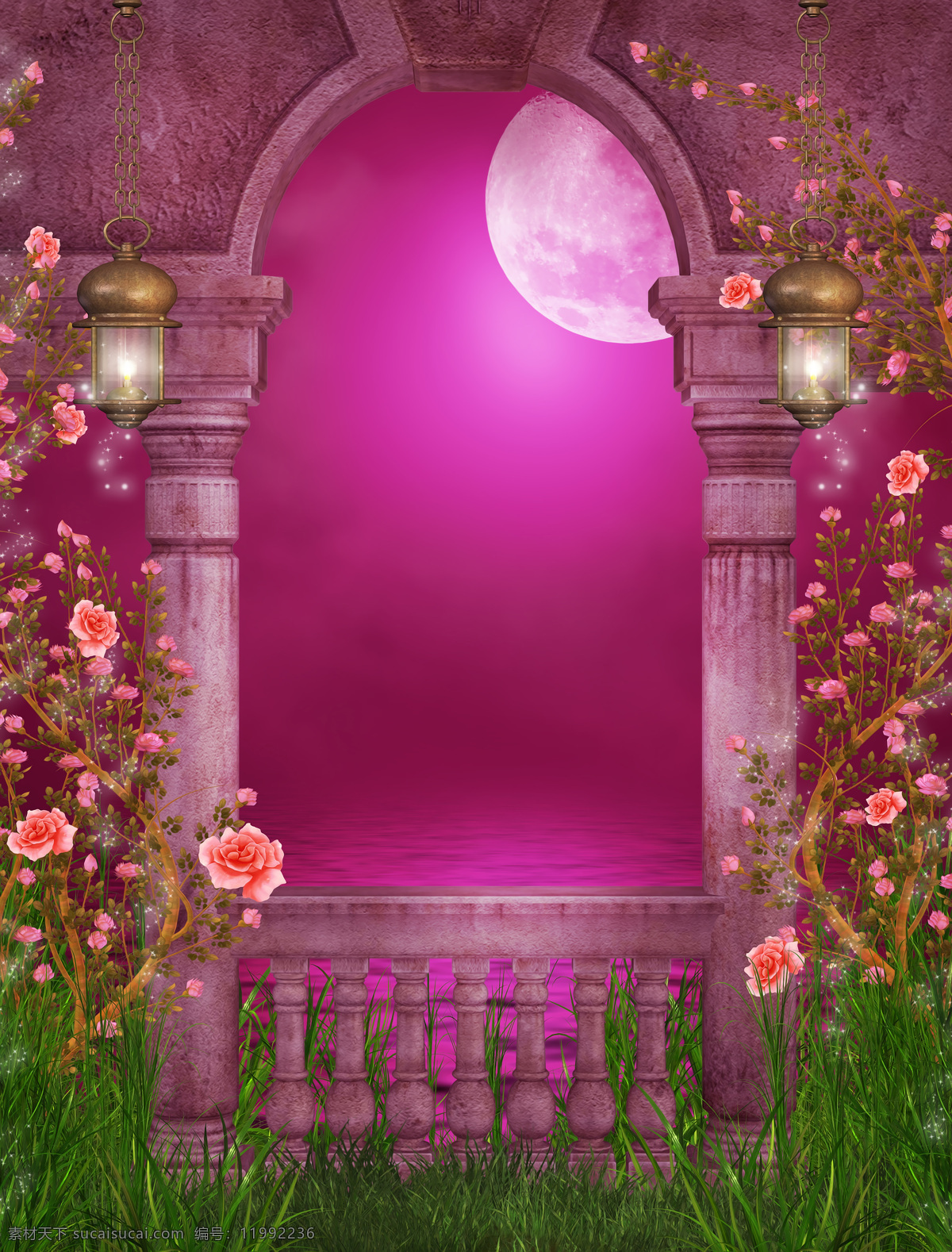 夜景 花园 背景 墙 欧洲 欧式 月亮 玫瑰花 夜空 浪漫 背景墙 背景图片 装饰画 免费素材下载