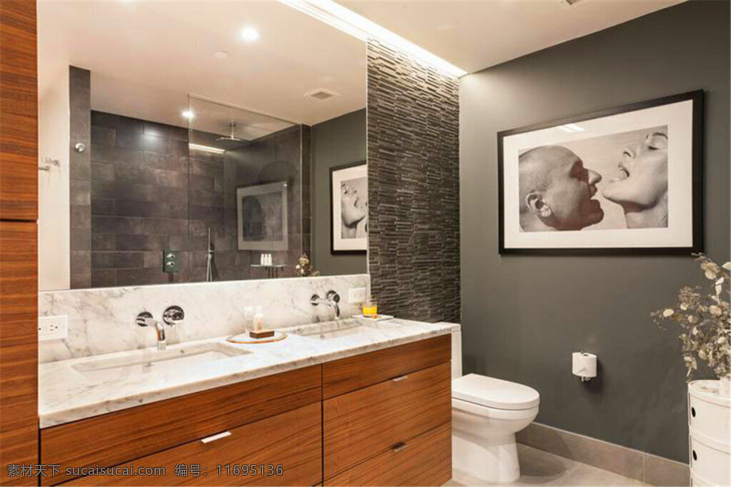 简约 卫生间 洗手盆 装修 效果图 白色灯光 白色射灯 壁画 灰色墙壁 镜子 马桶