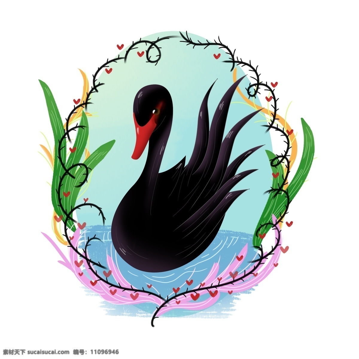 黑色 情人节 浪漫 手绘 天鹅 装饰 动物 黑色情人节 黑天鹅