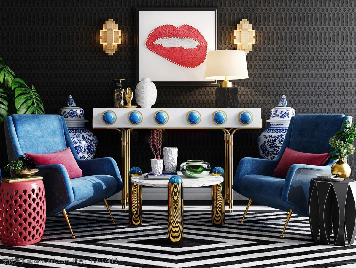 个性 定制 沙发 倒台 3d 模型 蓝色 室内 客厅 背景墙 软装 挂画 饰品