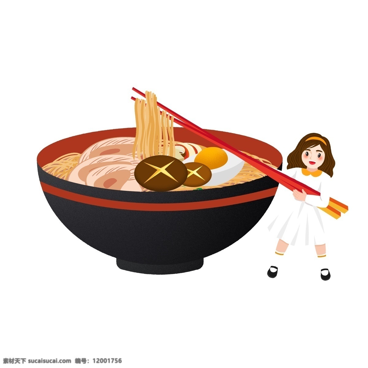 手绘 吃 日本 拉 面的 女孩 卡通 创意 女生 美食元素 日本拉面 一碗面