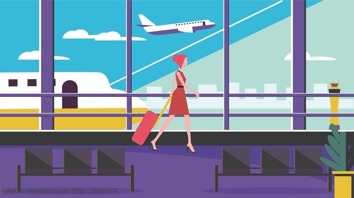 旅行 机场 拉 行李箱 女性 矢量 插画 飞机 时尚 云朵 女孩 矢量插画