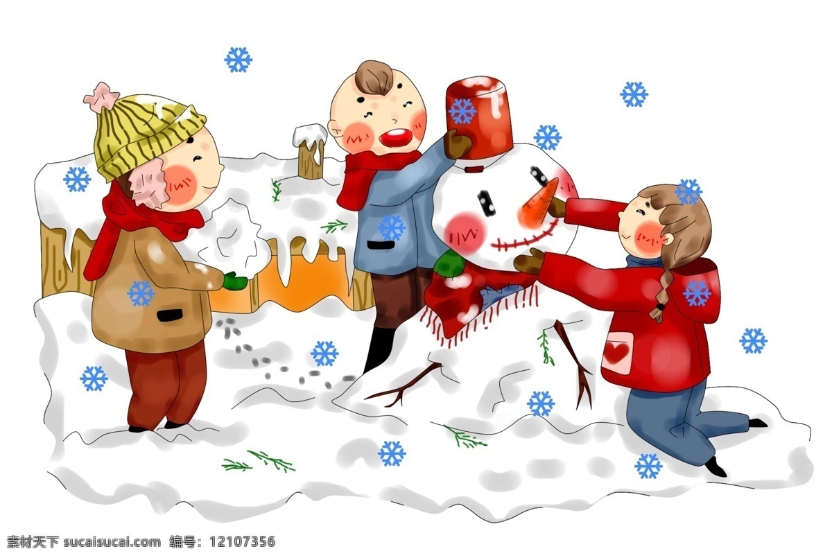 手绘 原创 厚 涂 欢庆 元旦 新年 圣诞节 堆 雪人 插画 厚涂 堆雪人 高清 冬季 下雪 可爱 玩耍 开心 传统 免抠图 无背景