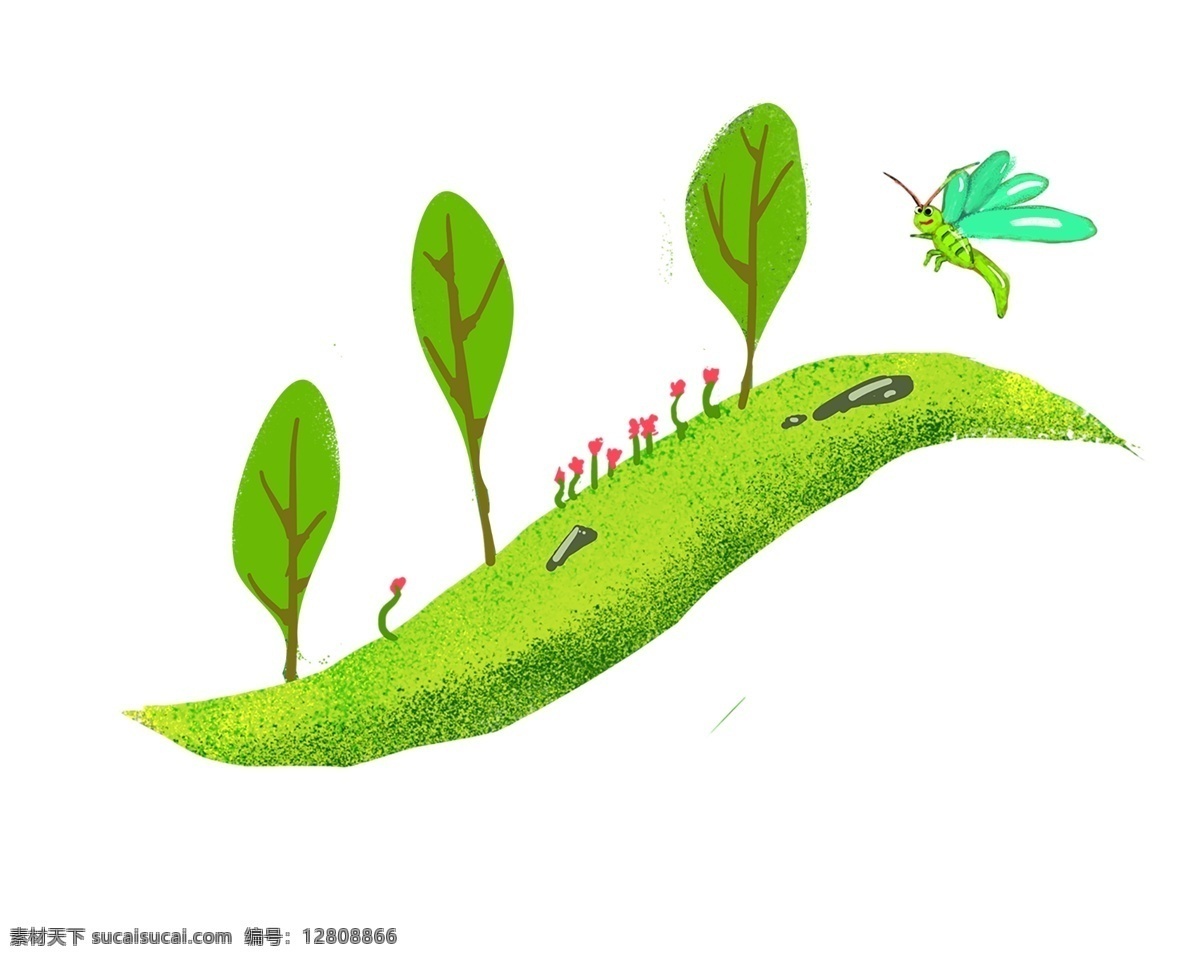 小 昆虫 装饰 树木 插画 绿色的树叶 绿色的昆西 小动物 三颗树木 红色花枝 花朵 花卉 绿色草坪 卡通插画