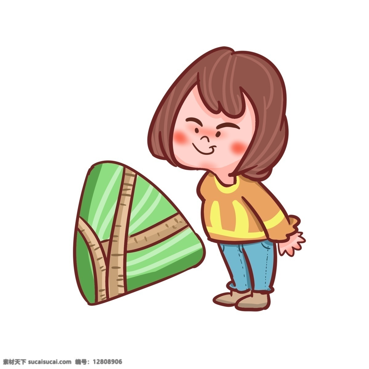 端午节 快乐 女孩 手绘 插画 粽子叶 粽子节 绿色粽子 童年 糯米 过节 粽子 回忆 男孩 开心