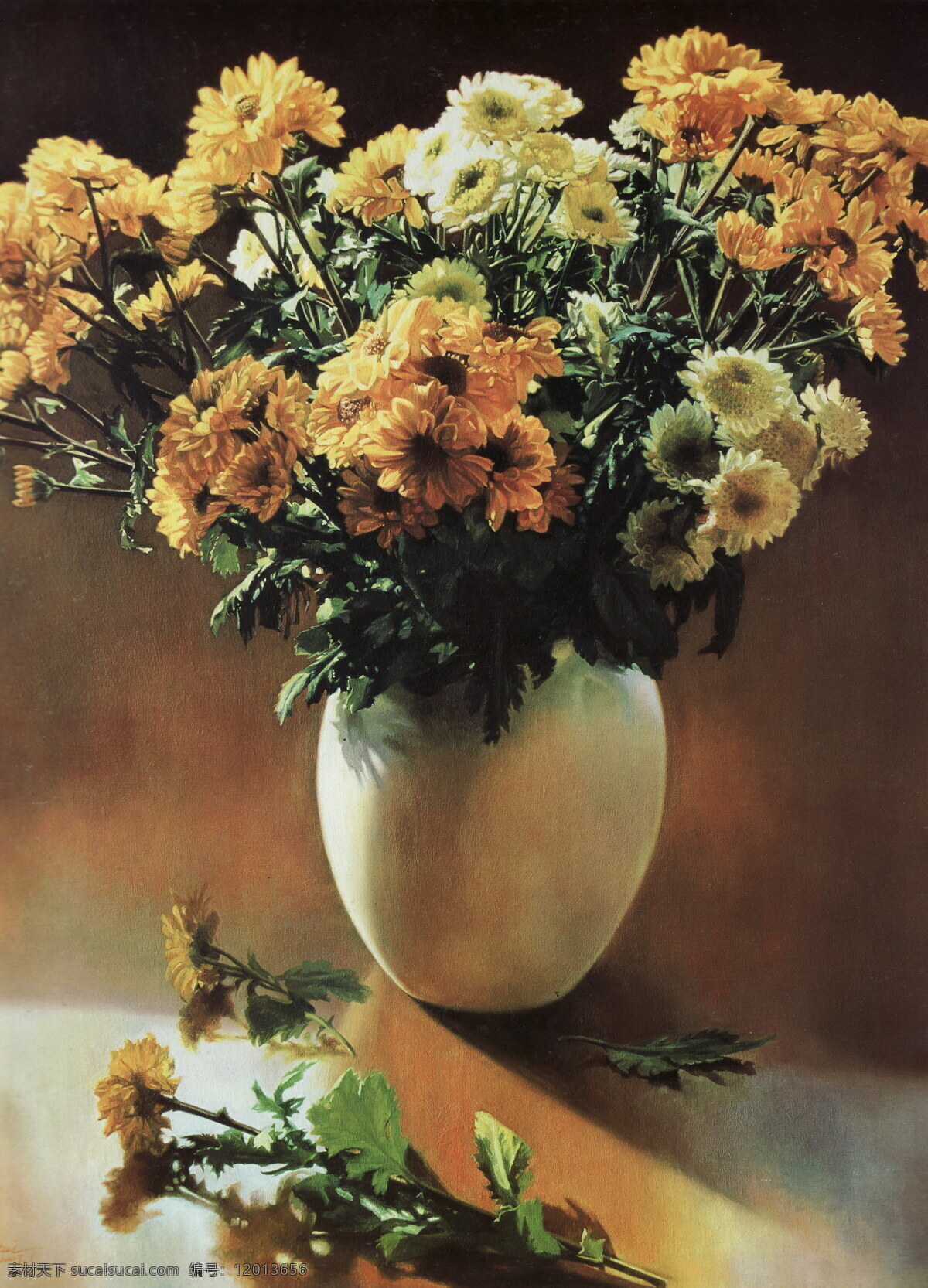 花卉油画 油画 西方油画 世界名画 英国油画 经典油画 花 鲜花 花朵 桌子 菊花 草 花瓶 陶罐 瓷器 绘画书法 文化艺术
