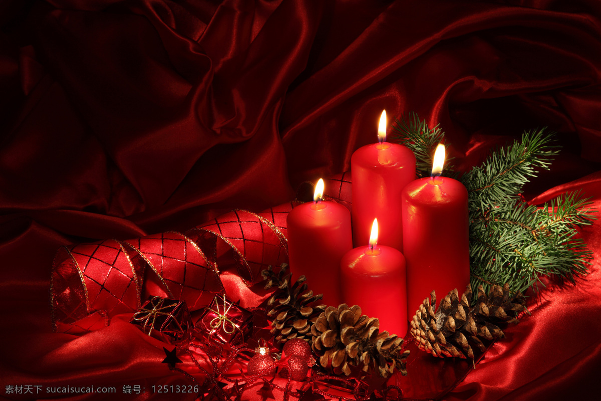 红色 飘带 蜡烛 松枝 红色飘带 圣诞节 节日庆典 生活百科