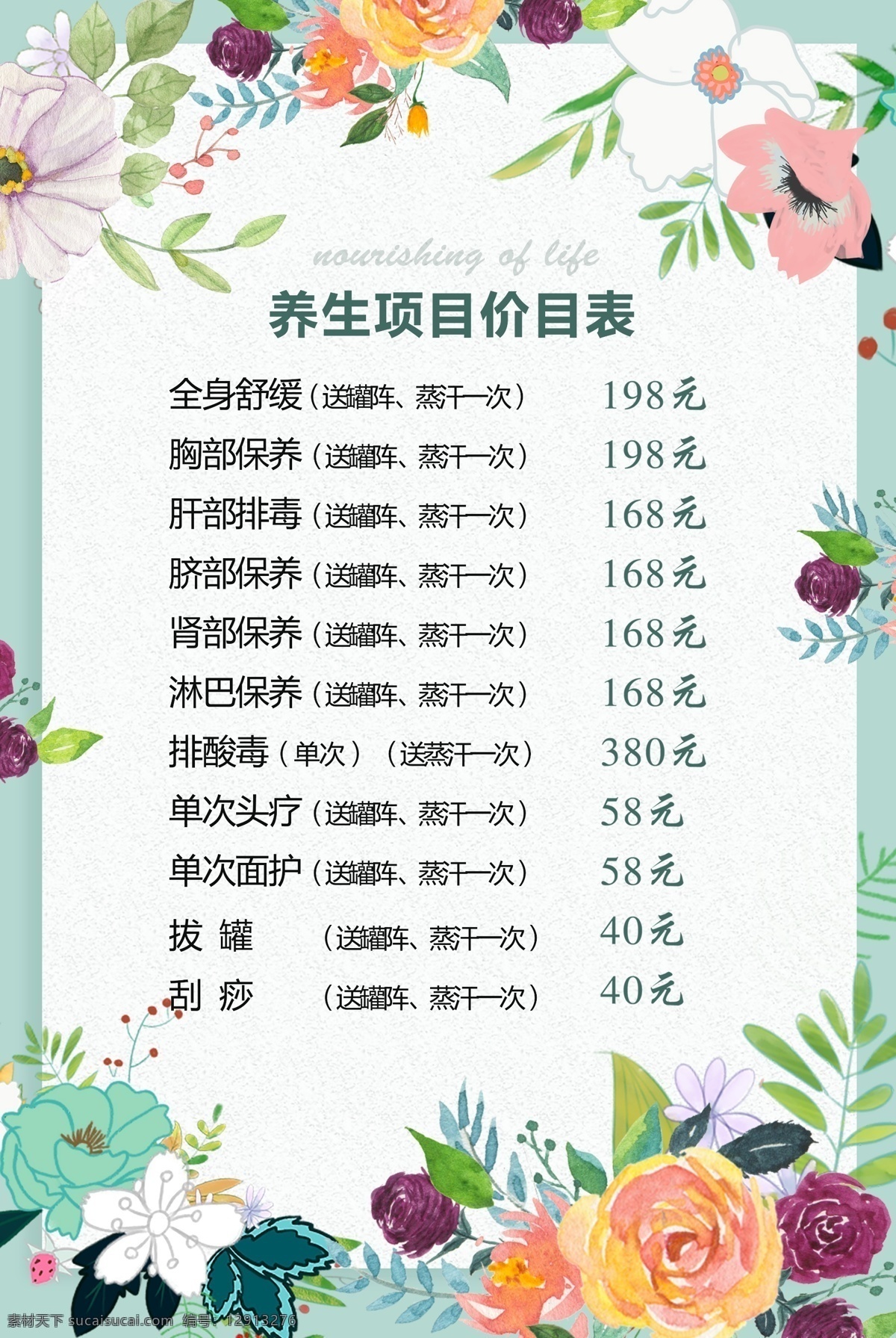 养生 项目 价目单 海报 节目表 养生馆 花卉边框 手绘花卉 边框 展板模板